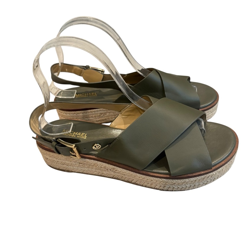 Michael Michael Kors Meryl Leather Criss Cross Espadrille Platform Olive, Sz 8 - Picture 5 of 14